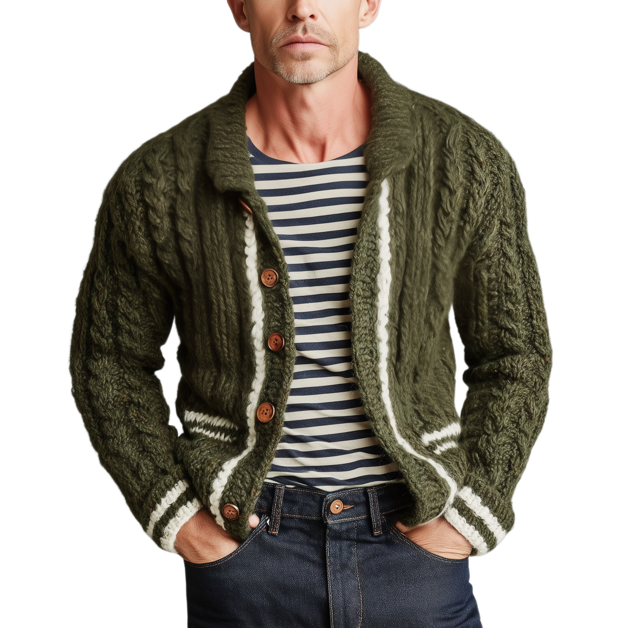 Men's Casual Fashionable Lapel White And Green Contrast Knitted Cardigan MTA1714J9K