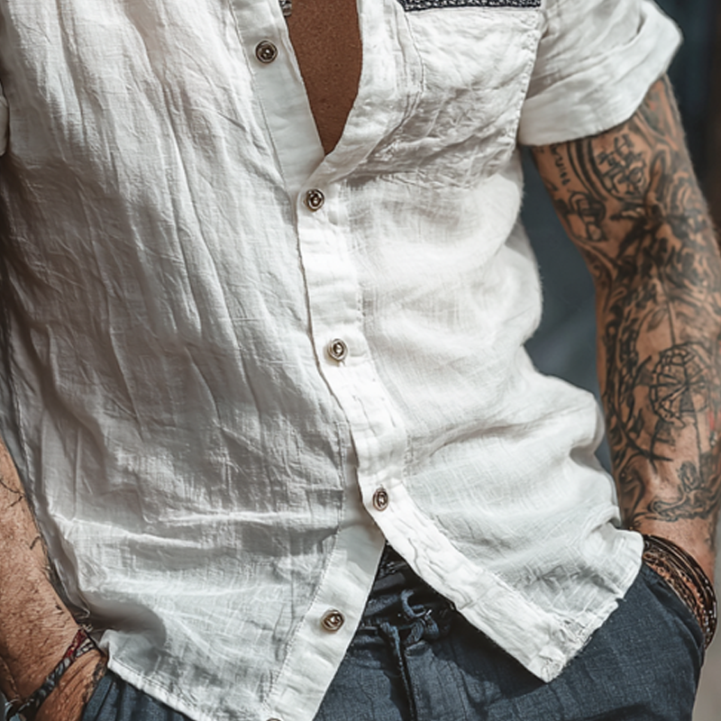 Men's Cotton And Linen Casual Short-Sleeved Lapel Shirt MTA0358G6X