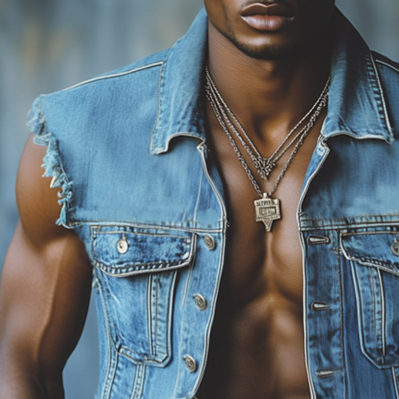 Men's Western Cowboy Style Tassel Denim Vest MTA1428E9U