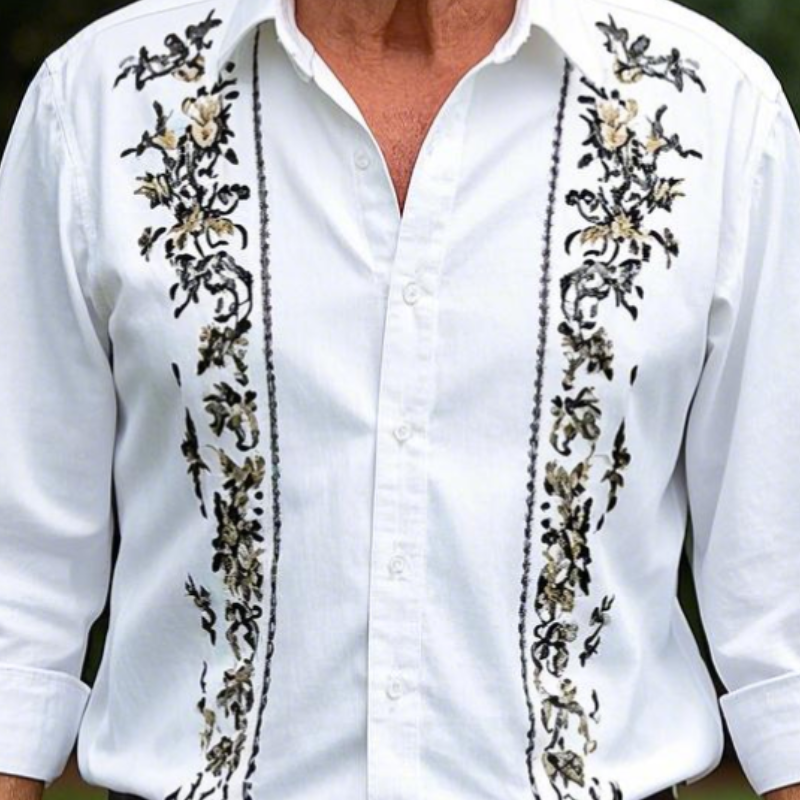 Men's Vintage Classic Lapel Cotton Blend Embroidered Long Sleeve Shirt 24696426F