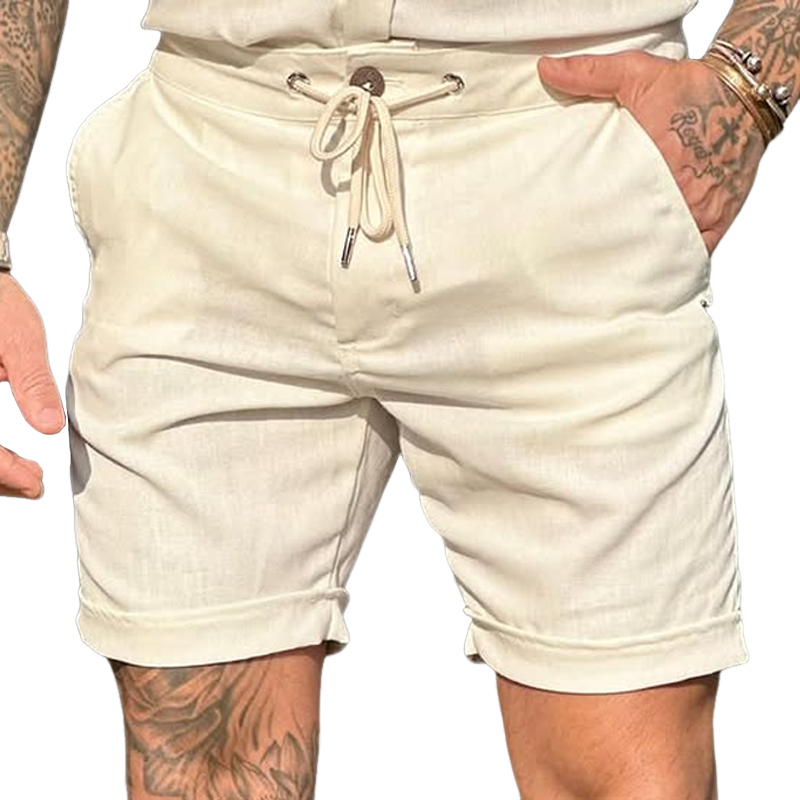Men'S Solid Cotton And Linen Drawstring Waist Casual Shorts MTA0888E0Z