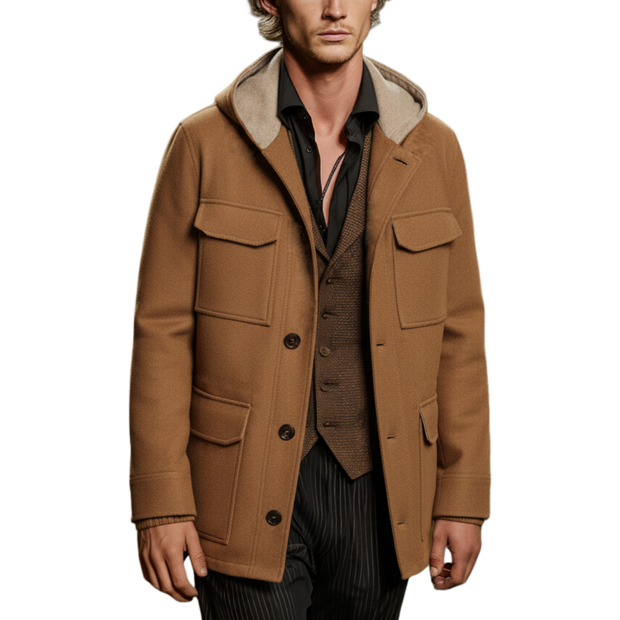 Men's Classic Retro Hooded Multi-pocket Faux Wool Jacket MTA3181J1K