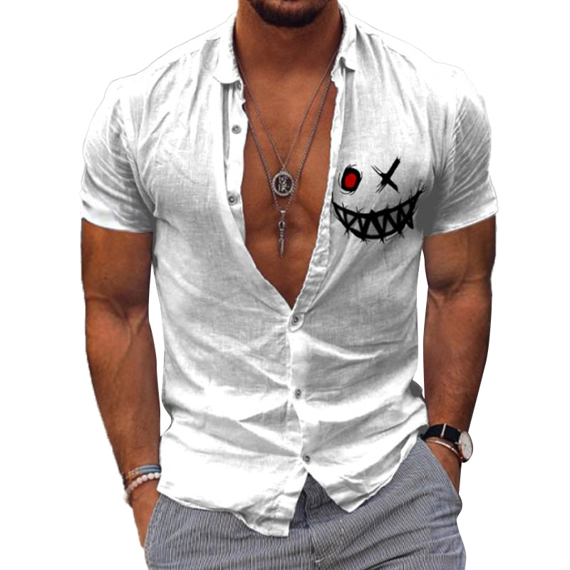 Men's Casual Cartoon Smiley Print Lapel Short Sleeve Shirt 15978674Y