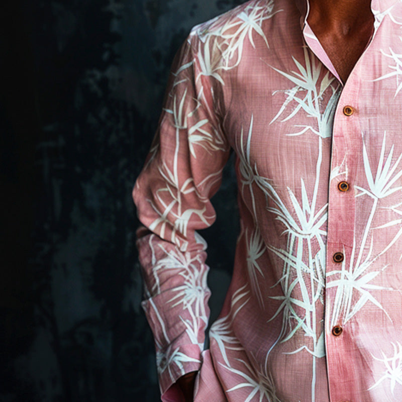 Men's pink bamboo print stand collar long sleeve shirt 45869573P