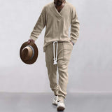 Men's Casual V-neck Versatile Jacquard Pocket Knit Loose Sweater Knitpants Set 00792924K