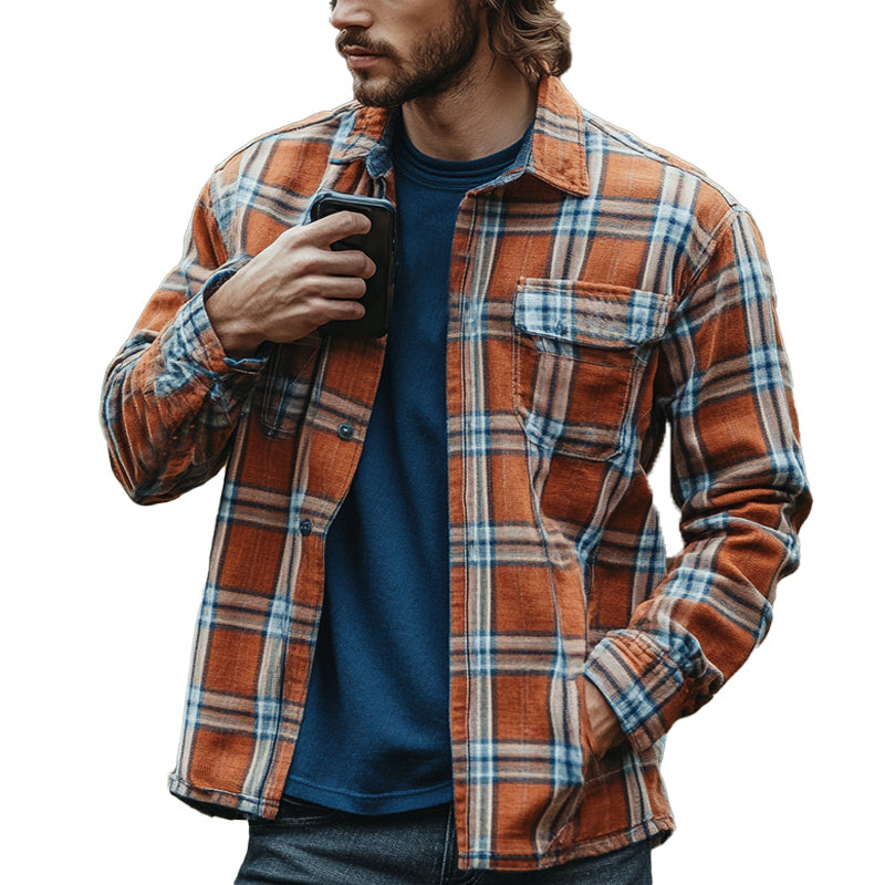 Men's Casual Orange Plaid Button-Down Long Sleeve Shirt 72441720U