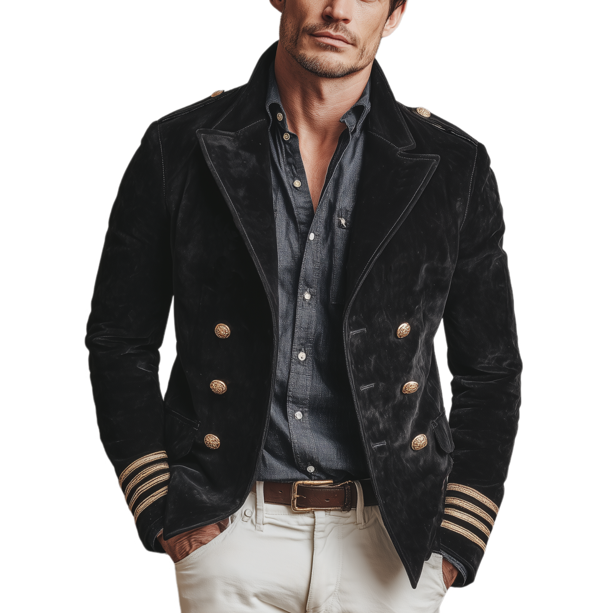 Men's Classic Retro Lapel Double-breasted Epaulette Faux Velvet Jacket MTA1581I5K