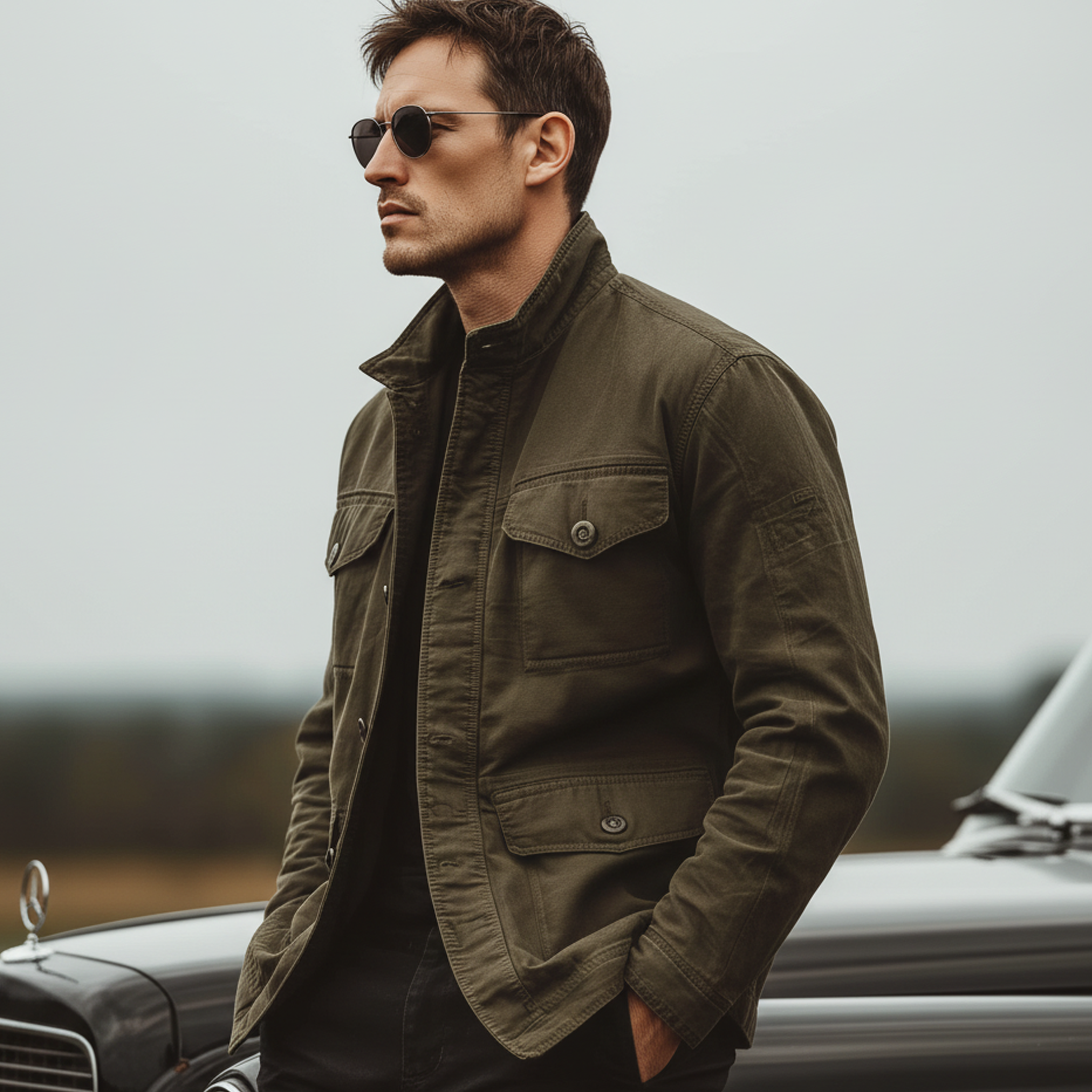 Men's Classic Casual Western Style Stand Collar Multi-Pocket Washed Twill Cotton Jacket MTA2961K1K