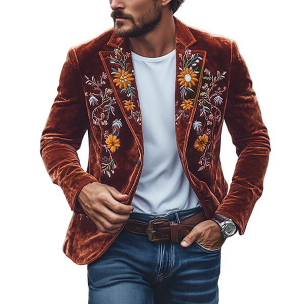 Men's Classic Retro Slim Fit Single Breasted Faux Velvet Embroidered Blazer 43171298K