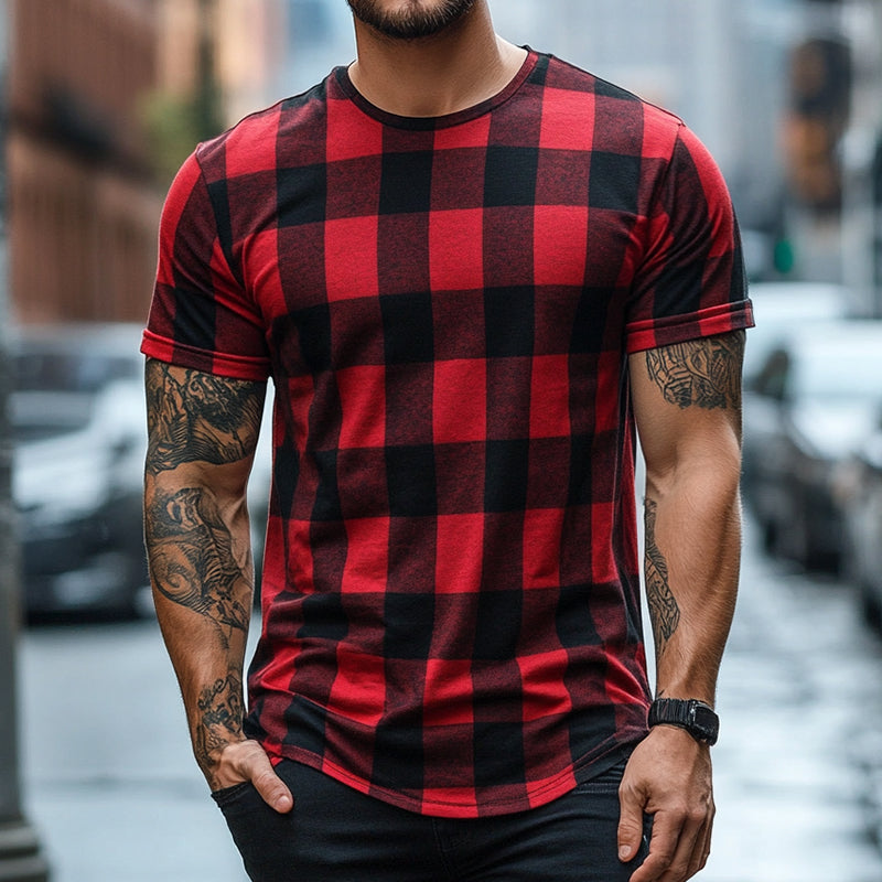 Men's Retro Casual Plaid Printed Round Neck Short Sleeve T-Shirt 85804146TO