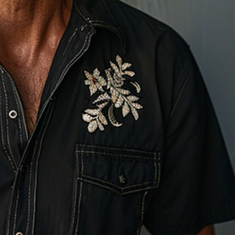 Men's Light Denim Embroidered Short Sleeve Shirt 30141725P