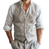 Men's Casual Cotton Linen V-neck Single-breasted Patch Pockets Vest 65597423M