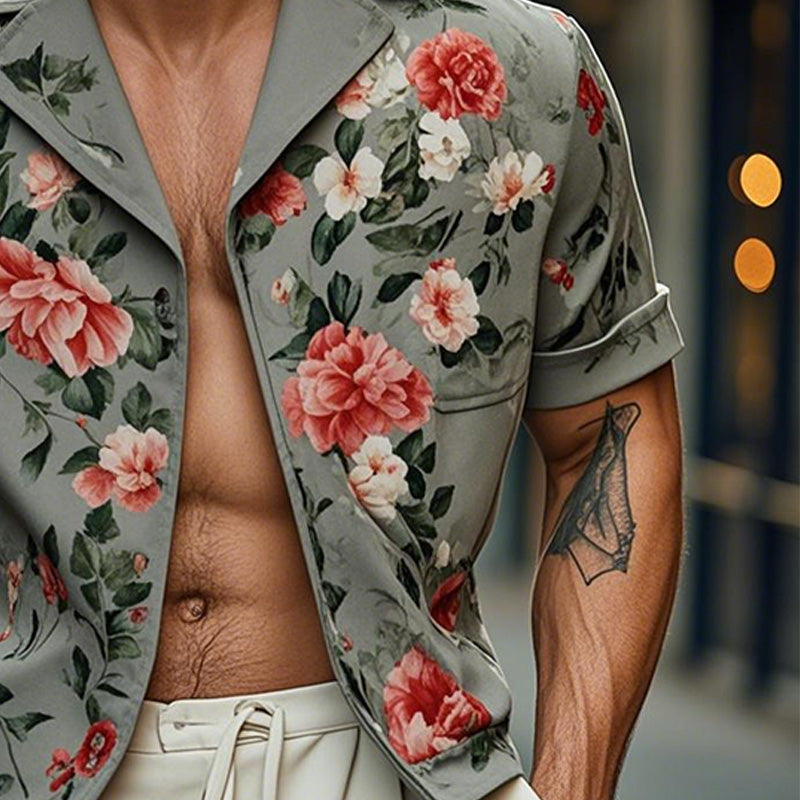 Men's Fashion Floral Print Short Sleeve Shirt Jacket 72885024P