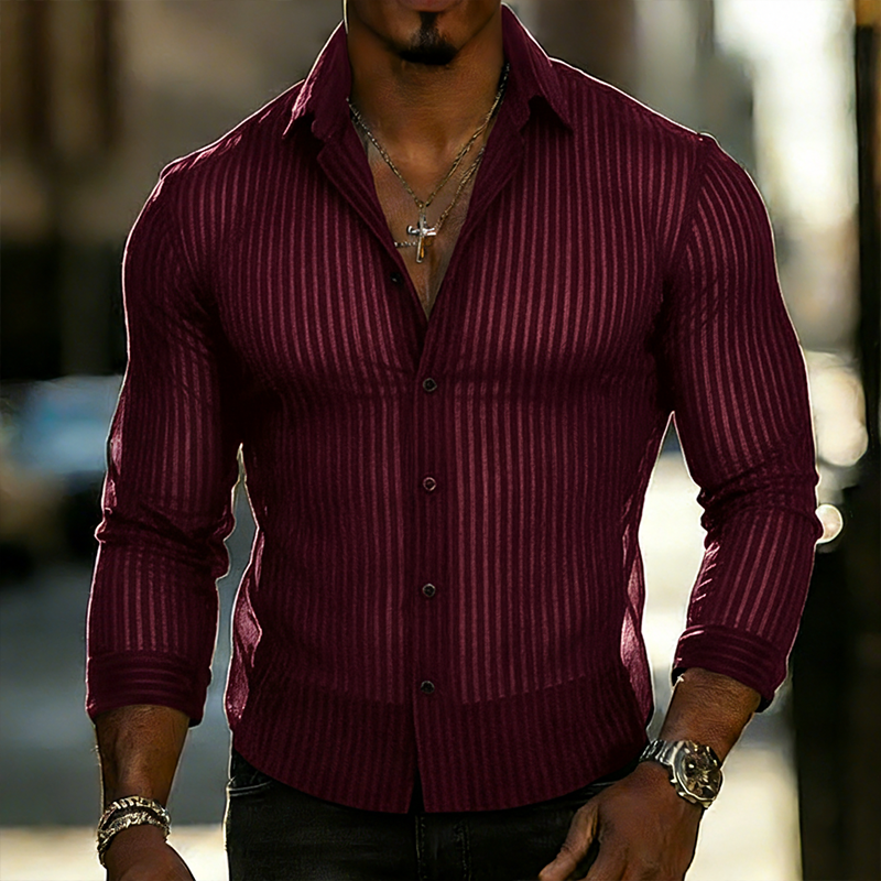Men's Spring Faux Velvet Striped Long-sleeved Shirt MTZ0959A3P
