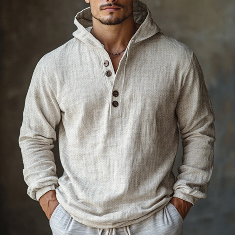 Men's Skin-friendly Off-White Cotton and Linen Long-sleeved Hoodie 95678739U