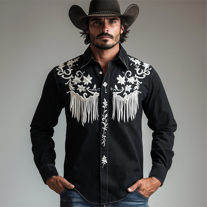 Men's Vintage Black Embroidered Tassel Long Sleeve Shirt 63777579U