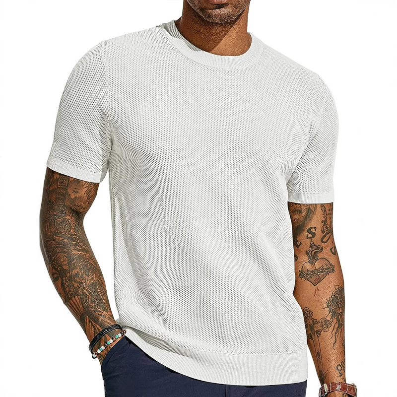 Men's Solid Color Mesh Knit Round Neck Short Sleeve T-shirt 92424860Z