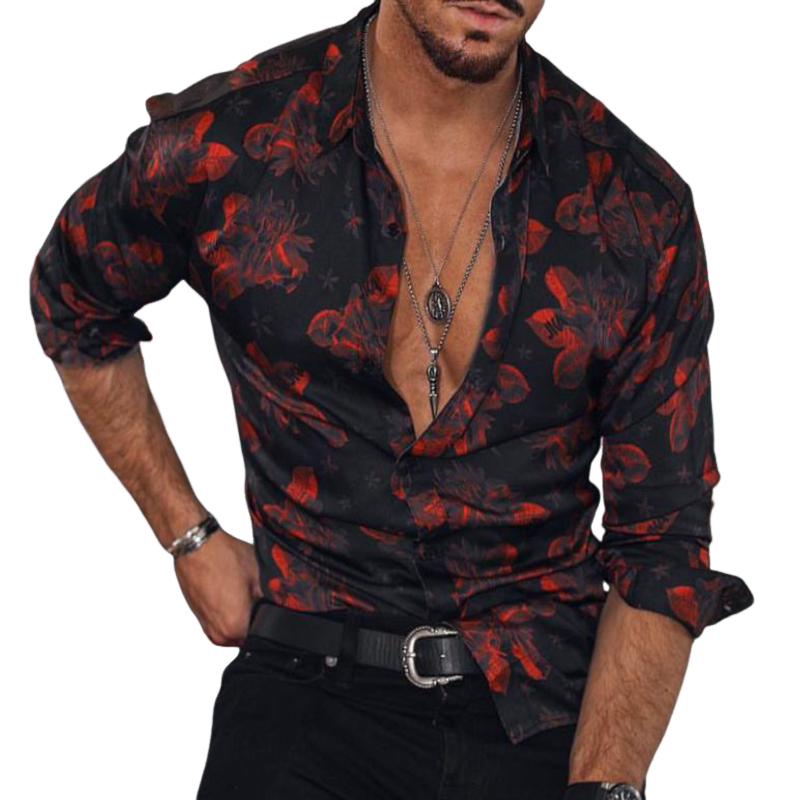 Men's Retro Casual Print Lapel Long Sleeve Shirt 45026863TO