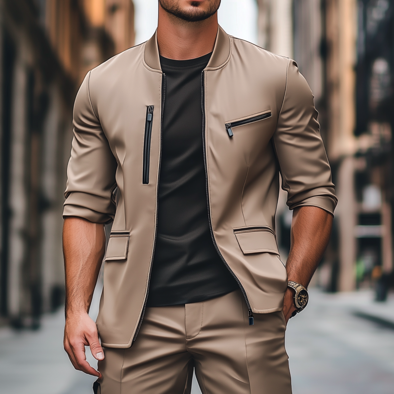 Men's Stylish Solid Color Satin Stand Collar Zipper Placket Multi-Pocket Slim Fit Jacket MTA2874G4M
