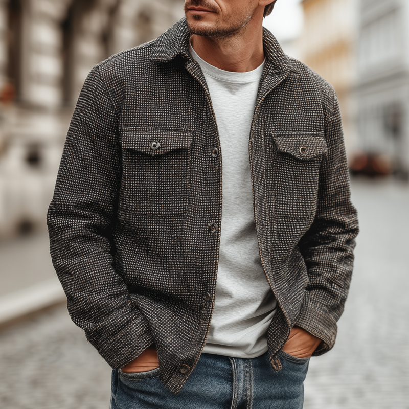 Men's Fashion Plaid Lapel Chest Pocket Single Breasted Slim Fit Western Long Sleeve Shirt Jacket MTA1739G6M