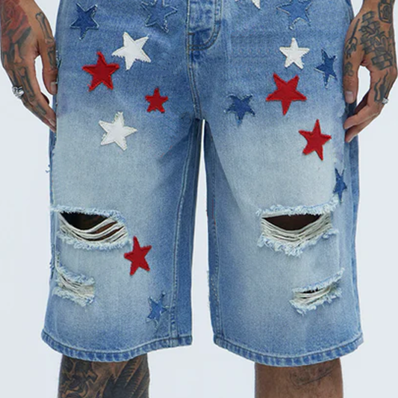 Men's Spring And Summer Fashion Casual Washed Denim Patch Five-pointed Star Decorated Ripped Shorts MTA0955G6K