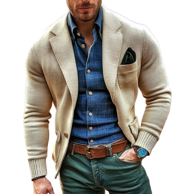 Men's Solid Color Knitted Lapel Single-breasted Cardigan MTA2697H2X