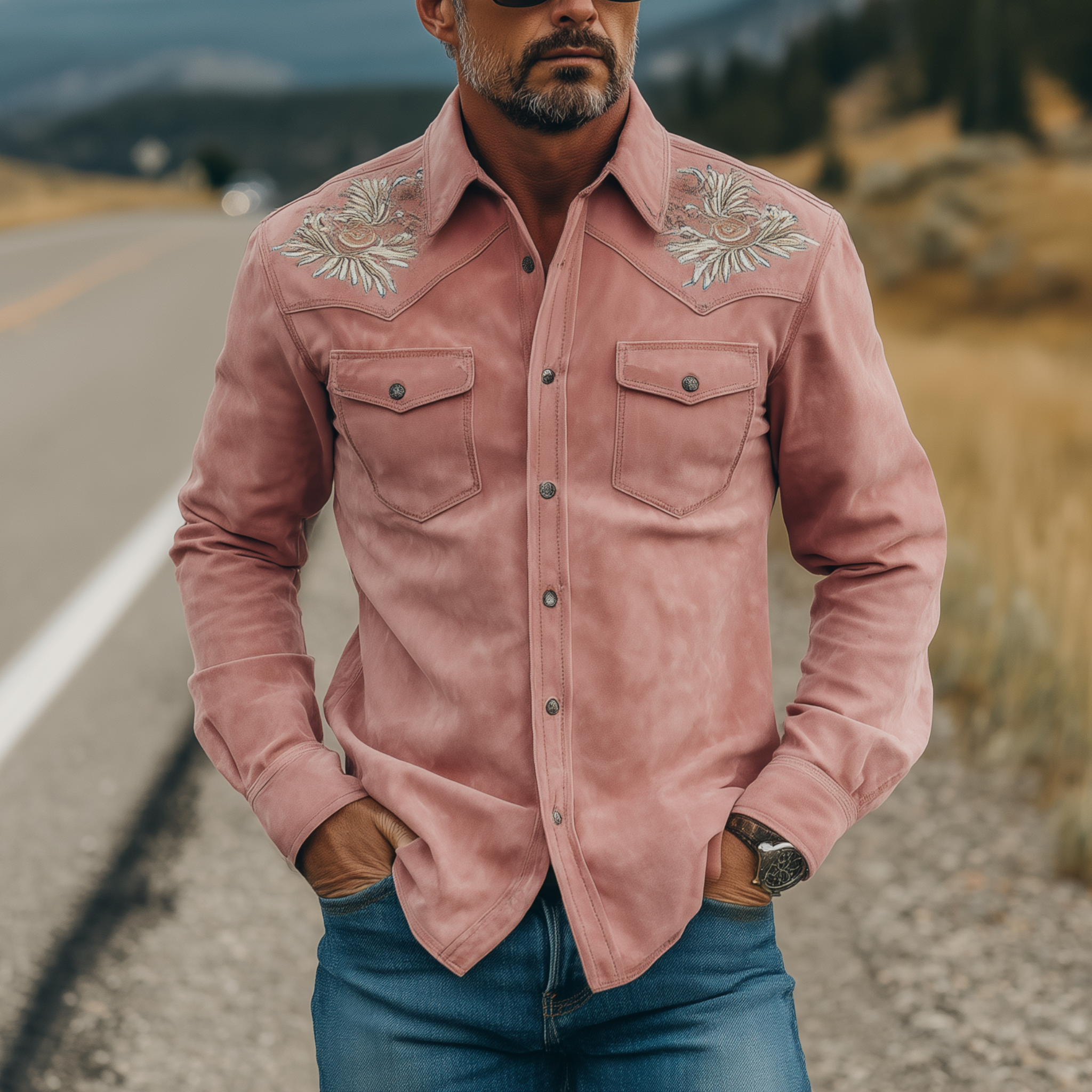 Men's Classic Retro Western Style Embroidered Pink Suede Slim-fit Long-sleeved Shirt MTA1476H5K