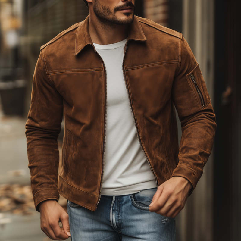 Men's Vintage Solid Faux Suede Lapel Zipper Placket Sleeve Pocket Slim Fit Jacket MTA2584G5M