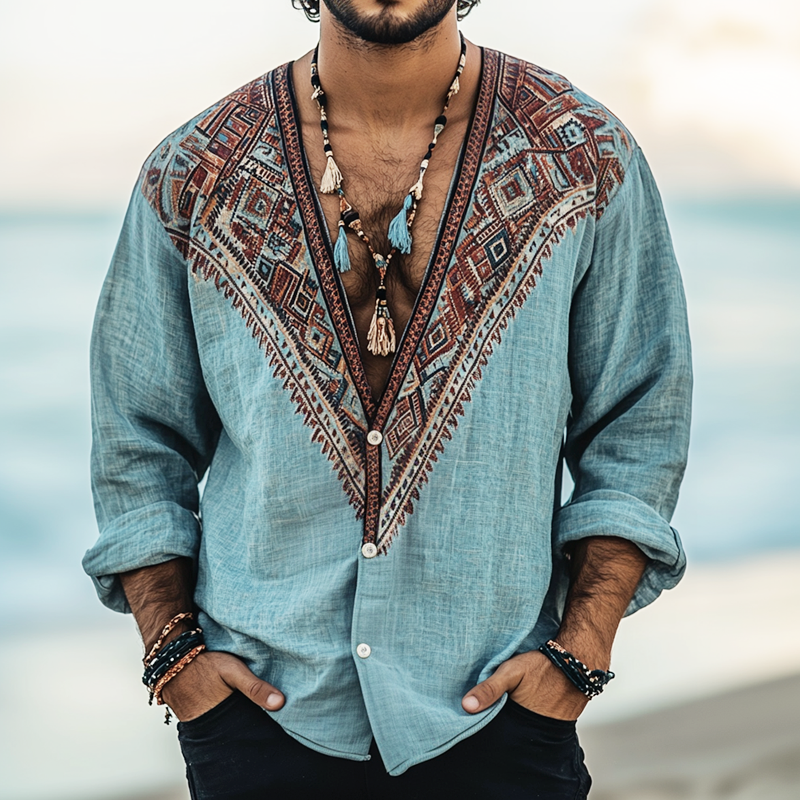 Men's Ethnic Print V Neck Long Sleeve Shirt MTA0279H9Z