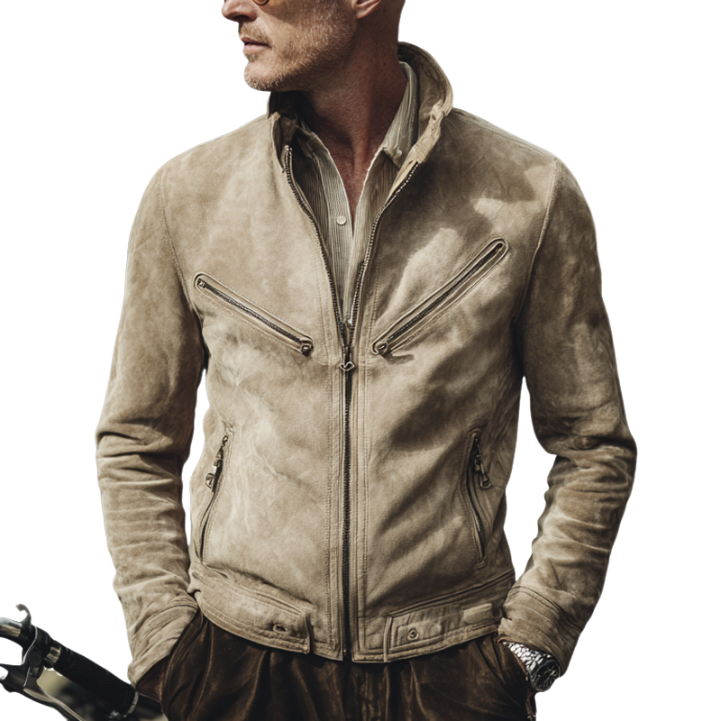 Men's Vintage Solid Color Faux Suede Stand Collar Zipper Jacket MTA0762H2X