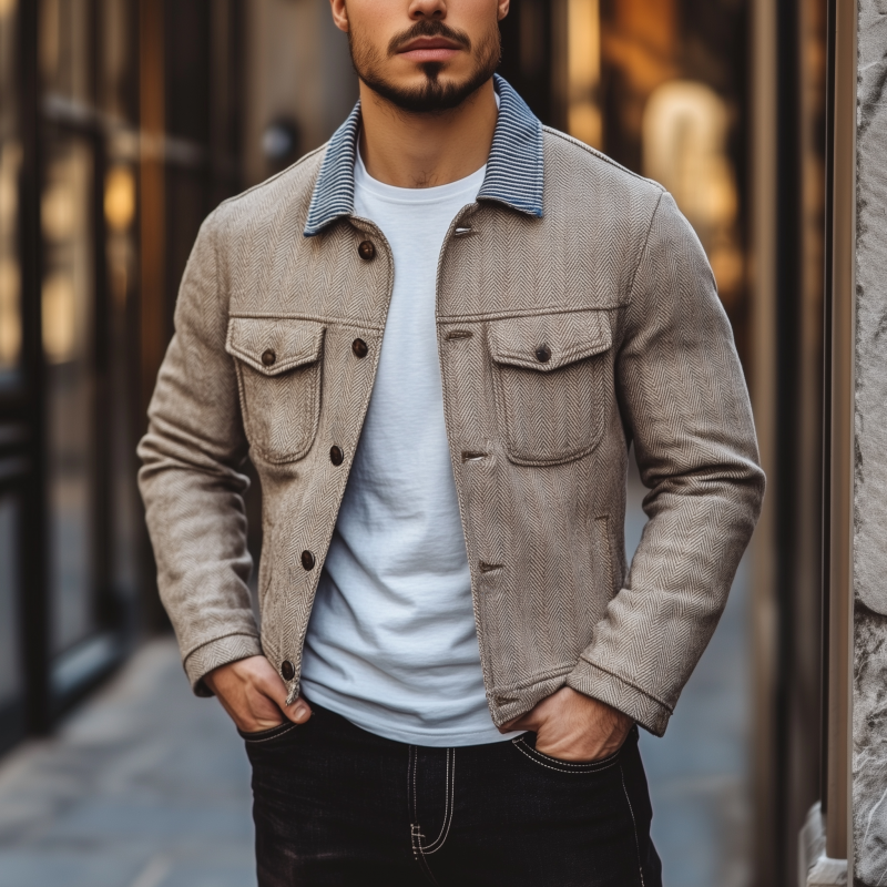 Men's Vintage Herringbone Striped Lapel Patchwork Single-breasted Slim-fit Jacket MTA0690H0M