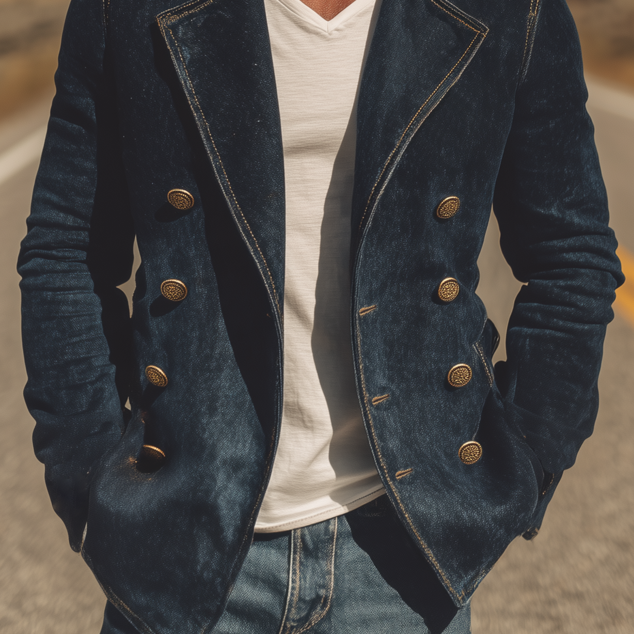 Men's Classic Retro Western Style Washed Denim Double-breasted Slim Fit Jacket MTA0821H3K