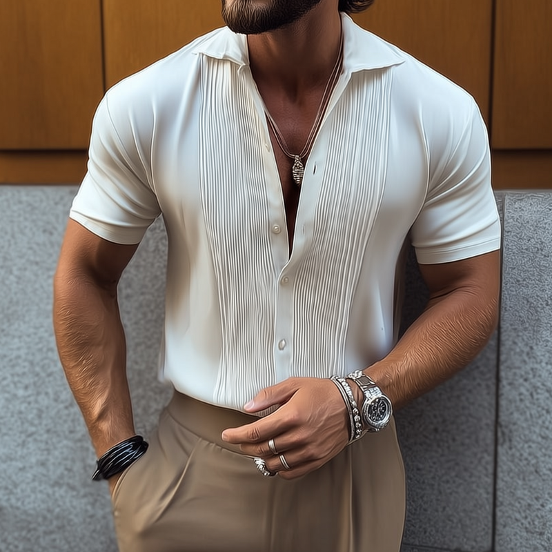 Men's Solid Color Chest Pleated Chiffon Lapel Short Sleeve Shirt MTA1528G2Z