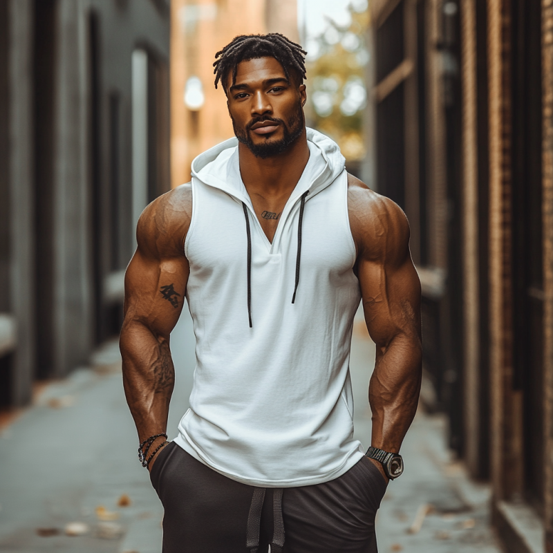 Men's Casual Soft Solid Color Cotton V-Neck Slim Fit Hooded Tank Top MTA2971D1M