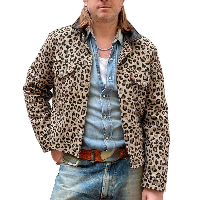 Men's Vintage Leopard Print Faux Suede With PU Lapel Jacket MTA2659I7X