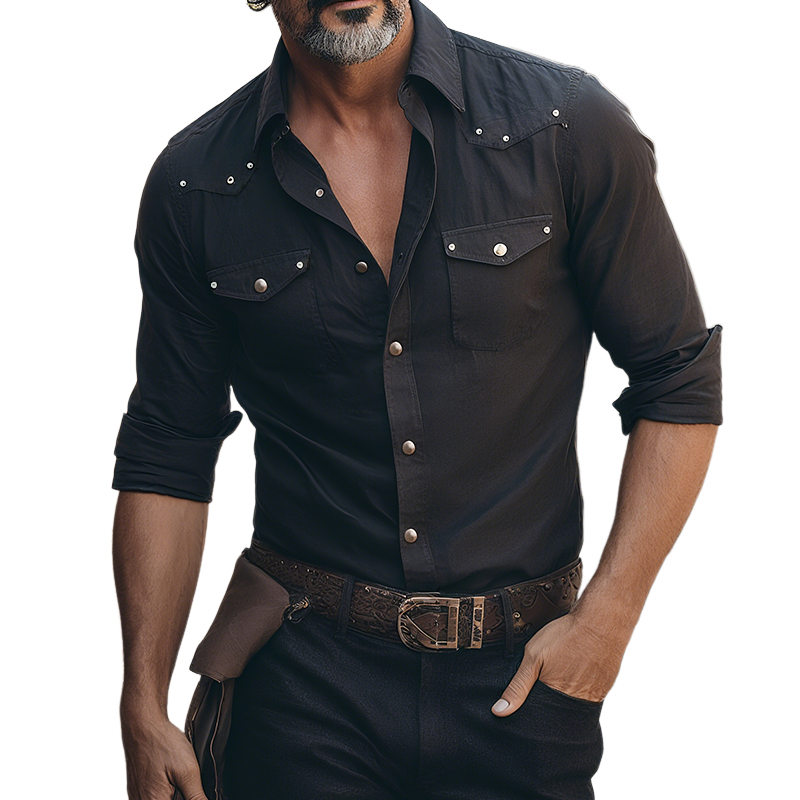 Men's Retro Casual Metallic Motorcycle Style Lapel Long Sleeve Shirt MTA3011G0TO