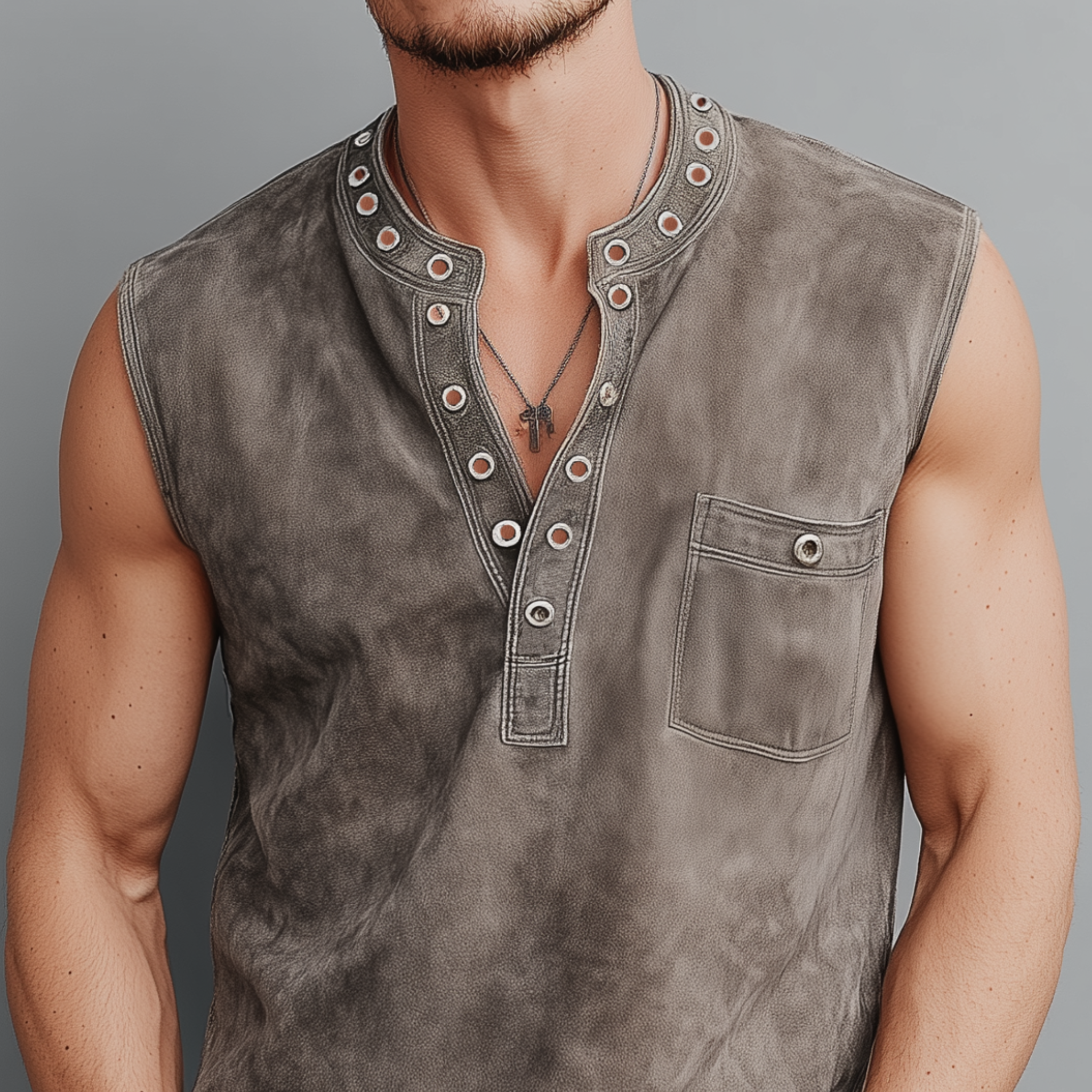 Men's Spring And Summer Casual Thin Suede Henry Collar Decorated Rivet Slim Fit Tank Top MTA1856G1K