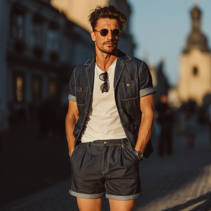 Men's Casual Outdoor Denim Washed Cuban Collar Multi-pocket Short-sleeved Shirt Suit Shorts Set MTA1855F3M