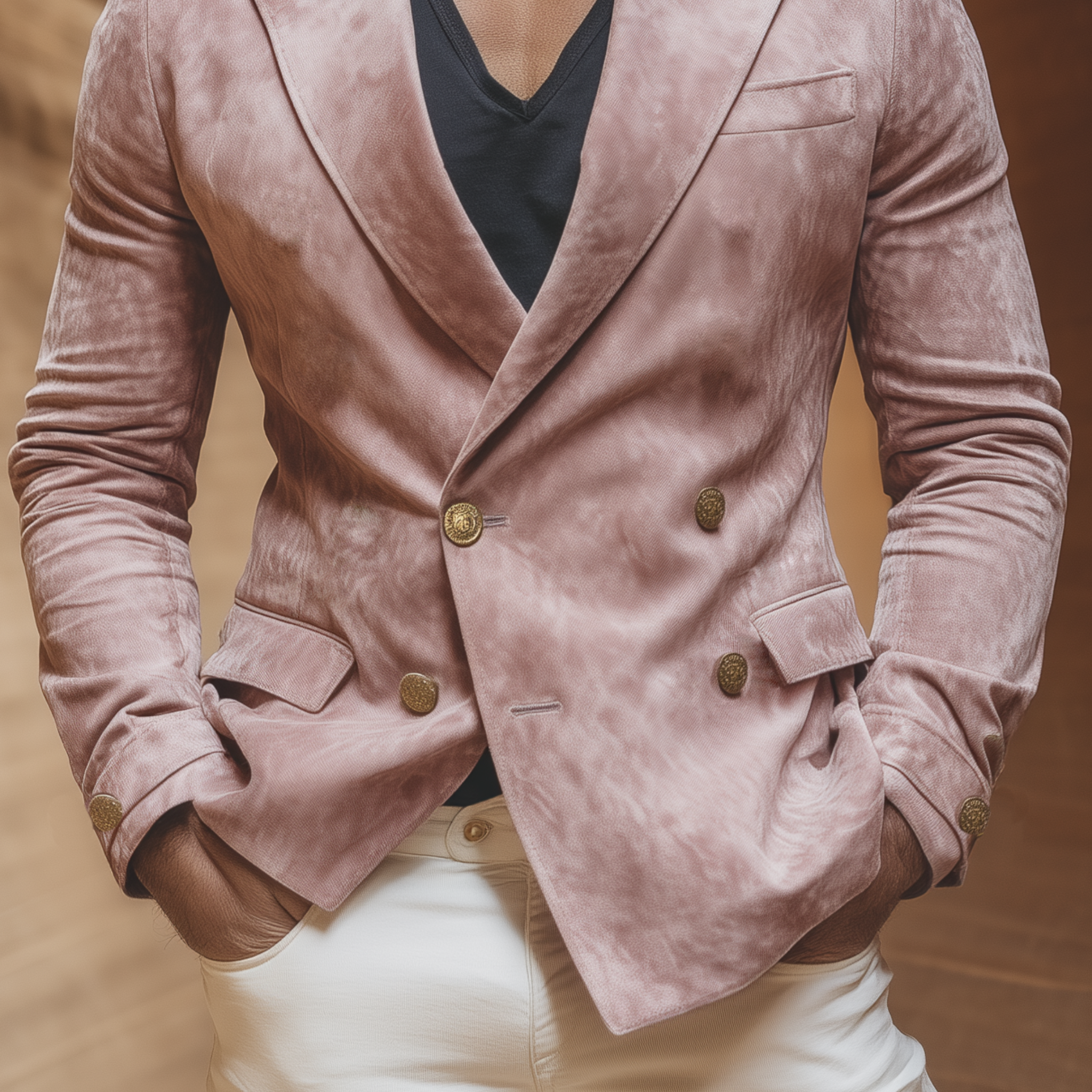 Men's Classic Retro Western Style Double-breasted Pink Suede Slim-fit Blazer MTA2135H8K