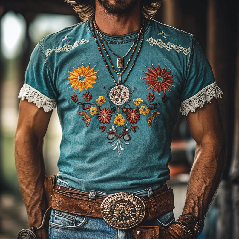 Herre t-skjorte med korte ermer og broderi i blonder, Western Cowboy-stoff, MTA2073E2X
