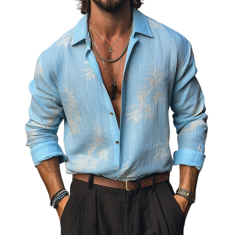 Men's Plants Print Lapel Long Sleeve Shirt MTA0259H0Z
