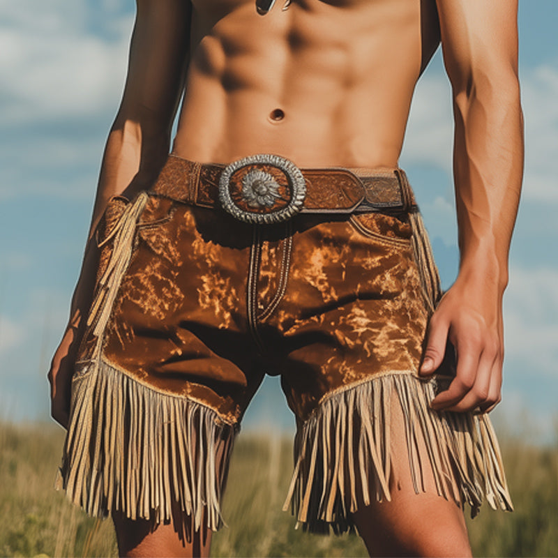 Men's Western Cowboy Style Vintage Printed Tassel Shorts MTA1576E3U
