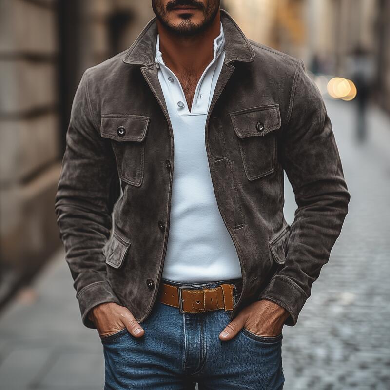 Men's Vintage Solid Color Faux Suede Lapel Single-Breasted Slim Fit Multi-Pocket Work Jacket MTA2183H5M