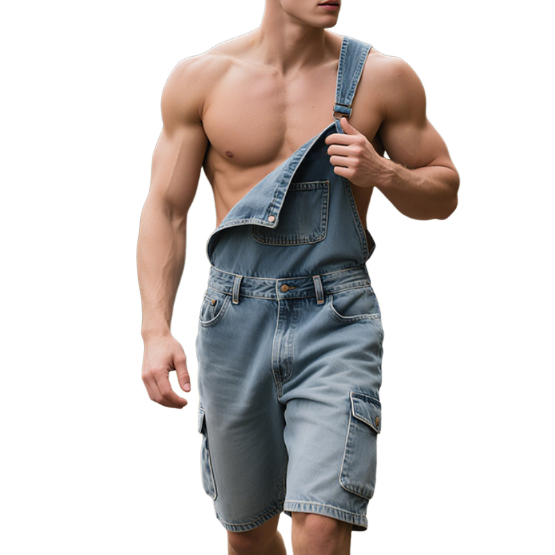 Men'S Retro Casual Denim Washed Loose Bib Shorts MTA1091E4TO