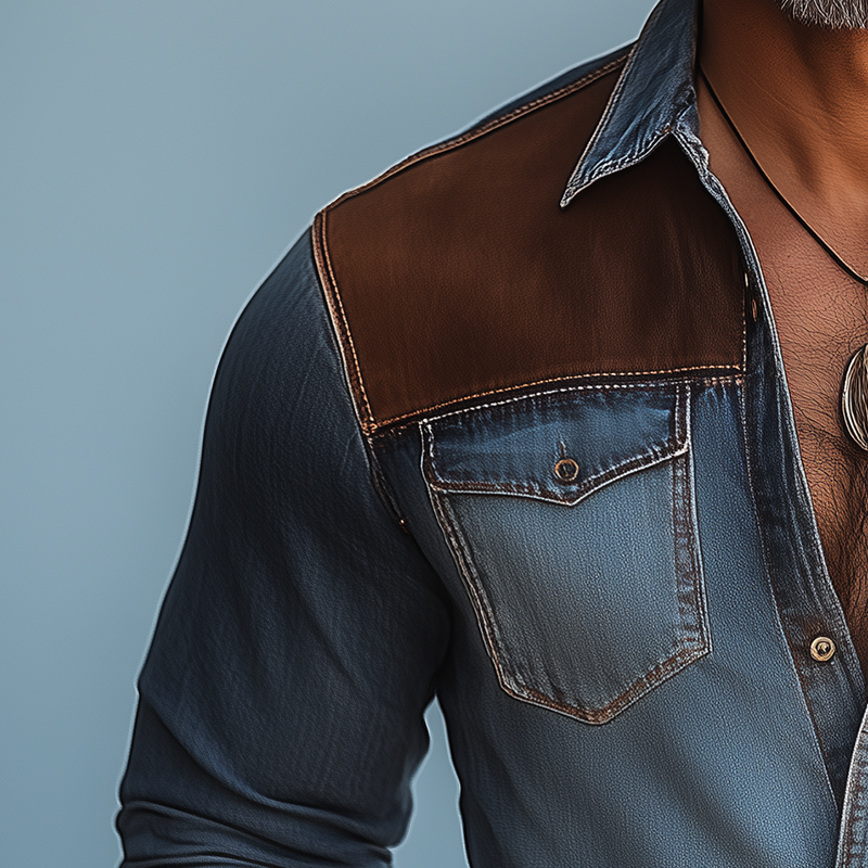 Men's Vintage Denim Patchwork Long-Sleeved Shirt MTA2970G7P