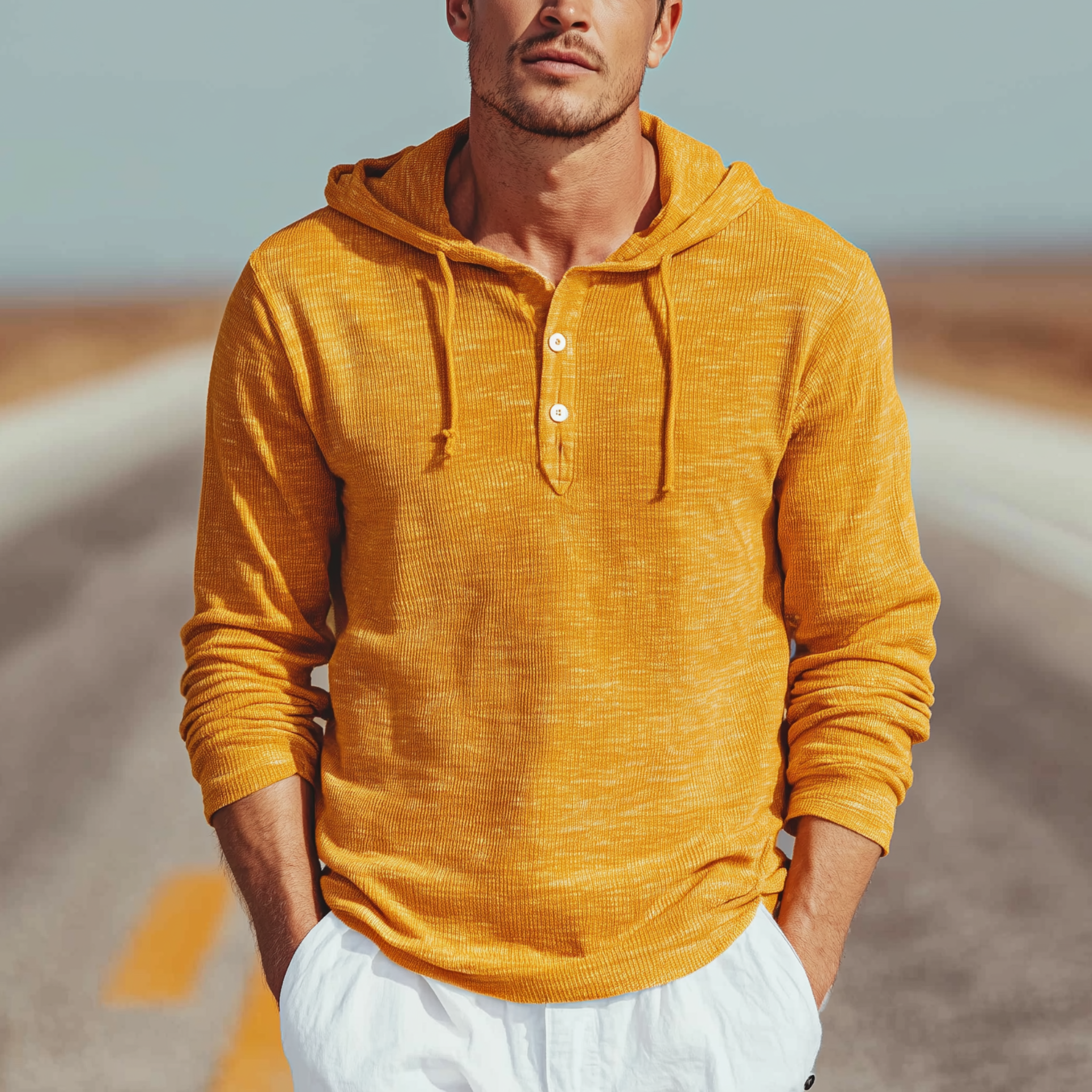 Men's Classic Casual Hooded Henley Collar Knit Long Sleeve T-Shirt MTA2373G6K