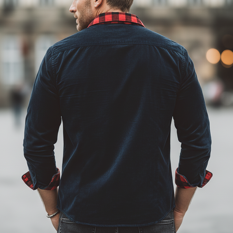 Men's Classic Navy Blue Faux Suede Patchwork Plaid Long-sleeved Shirt MTZ0575A3U