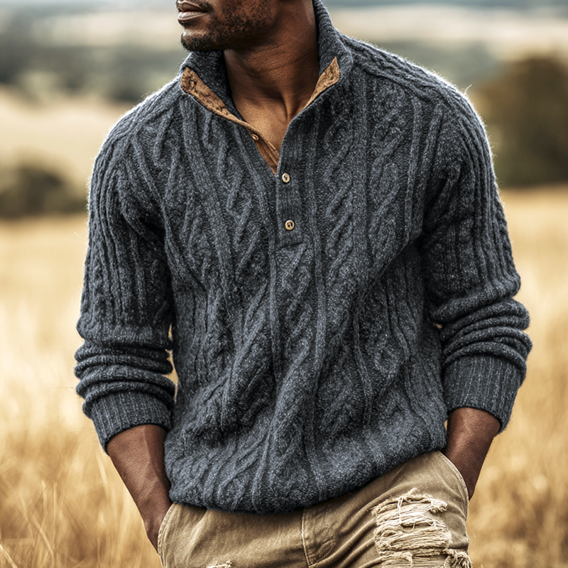 Men's Solid Cable Knit Henley Collar Long Sleeve Sweater MTA1245I9Z