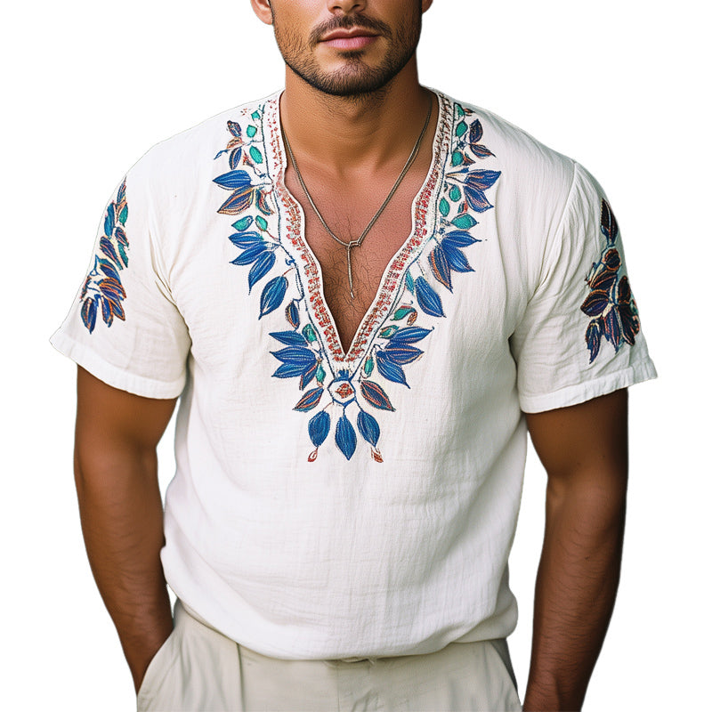 Men's Retro Blue Leaf Embroidery V-Neck Short Sleeve T-Shirt MTA1083E6U