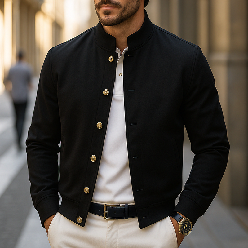 Men's Gold Metal Single Breasted Stand Collar Short Casual Jacket MTA1955G1Z